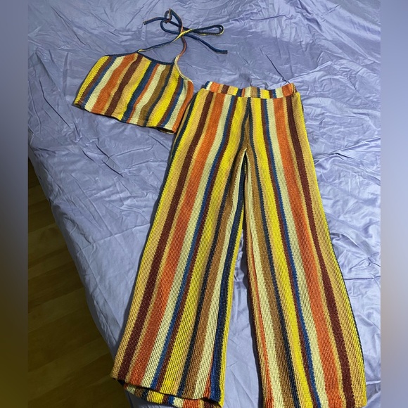 Zara Pants - stripe brown two piece set pants halter top SZ XS